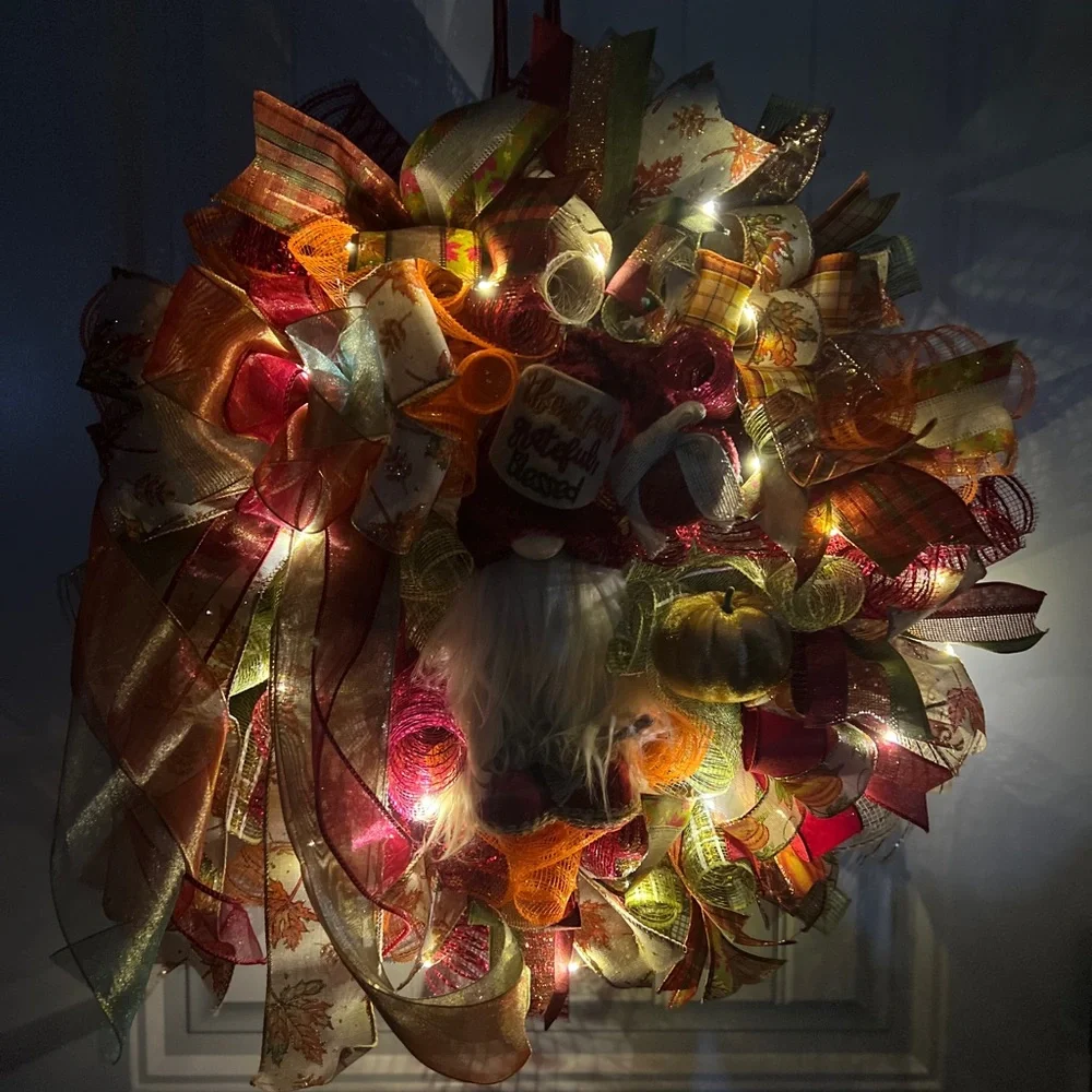 Autum Fall Ribbon Wreath Thankful Gnome Handmade 22 in’s. #W3